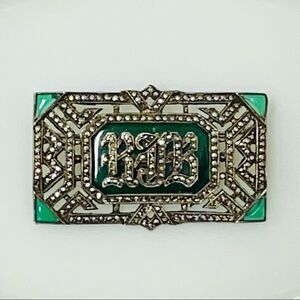 Sterling Silver Green Onyx Marcasite Chrysoprase Art Deco Brooch Initials “RJB”